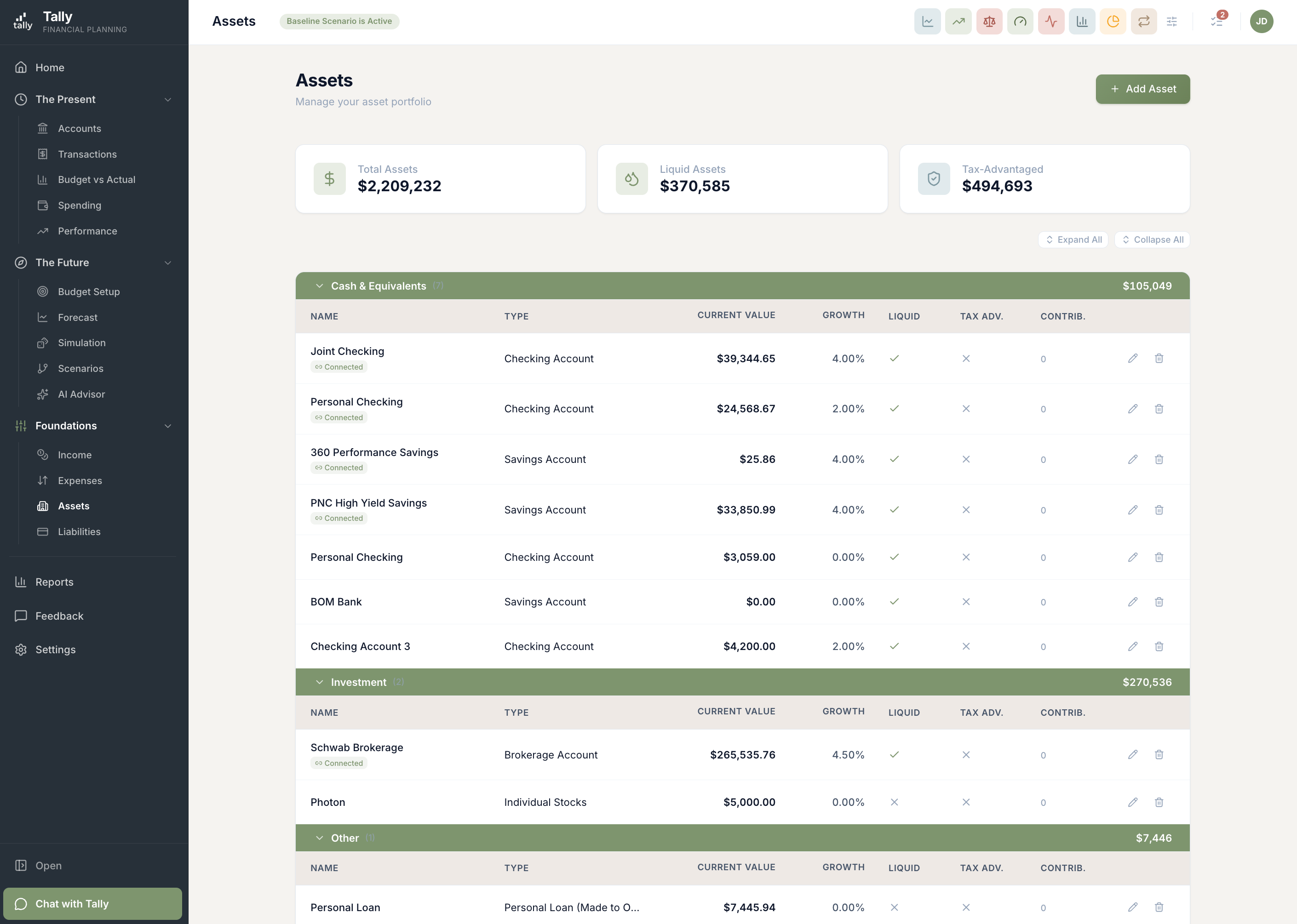 Tally assets screen showing tracked assets and balances