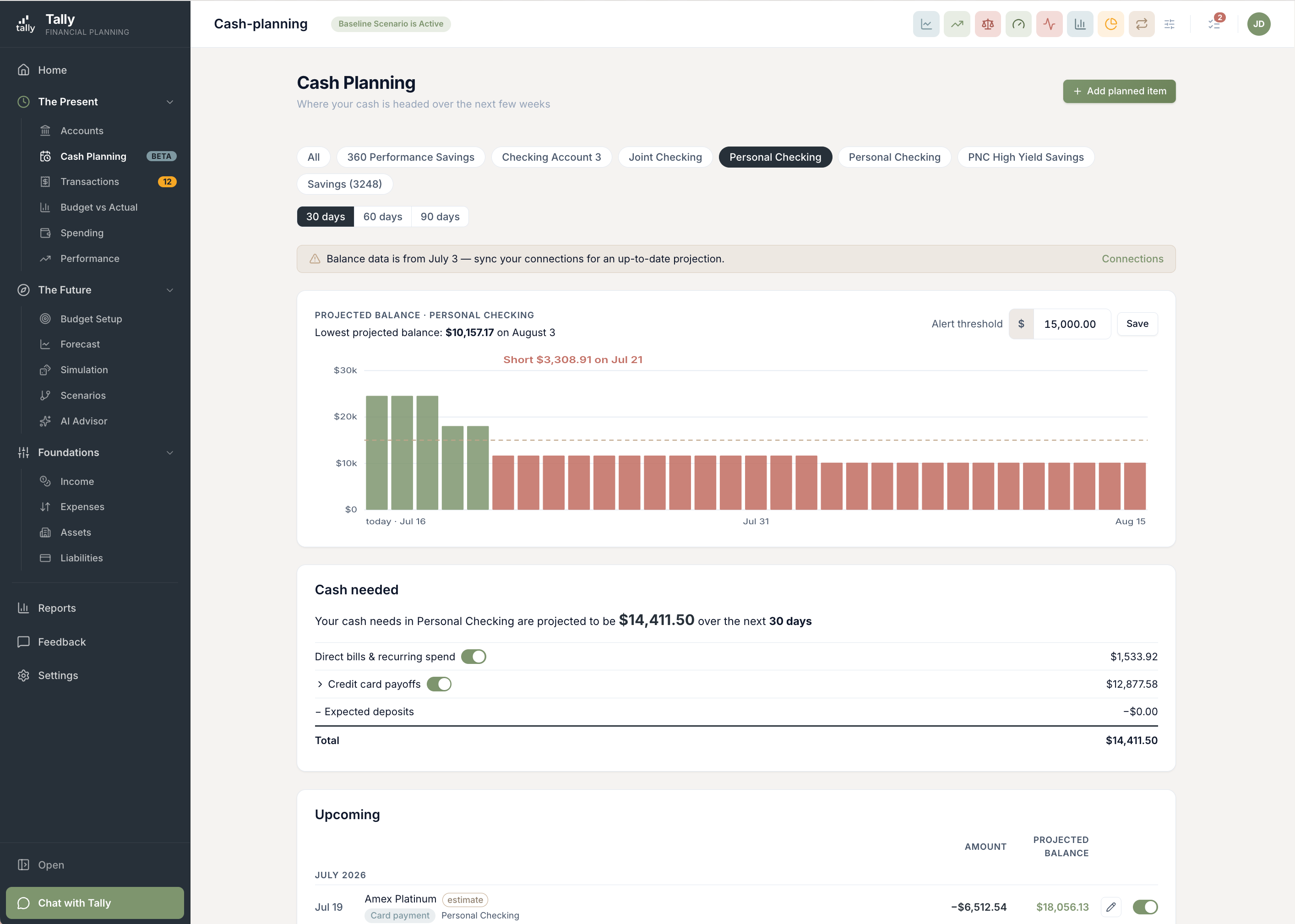 Tally's Cash Planning page showing a checking account's projected daily balance over 30 days, with the lowest day called out, a comfort threshold line, and a Cash needed breakdown