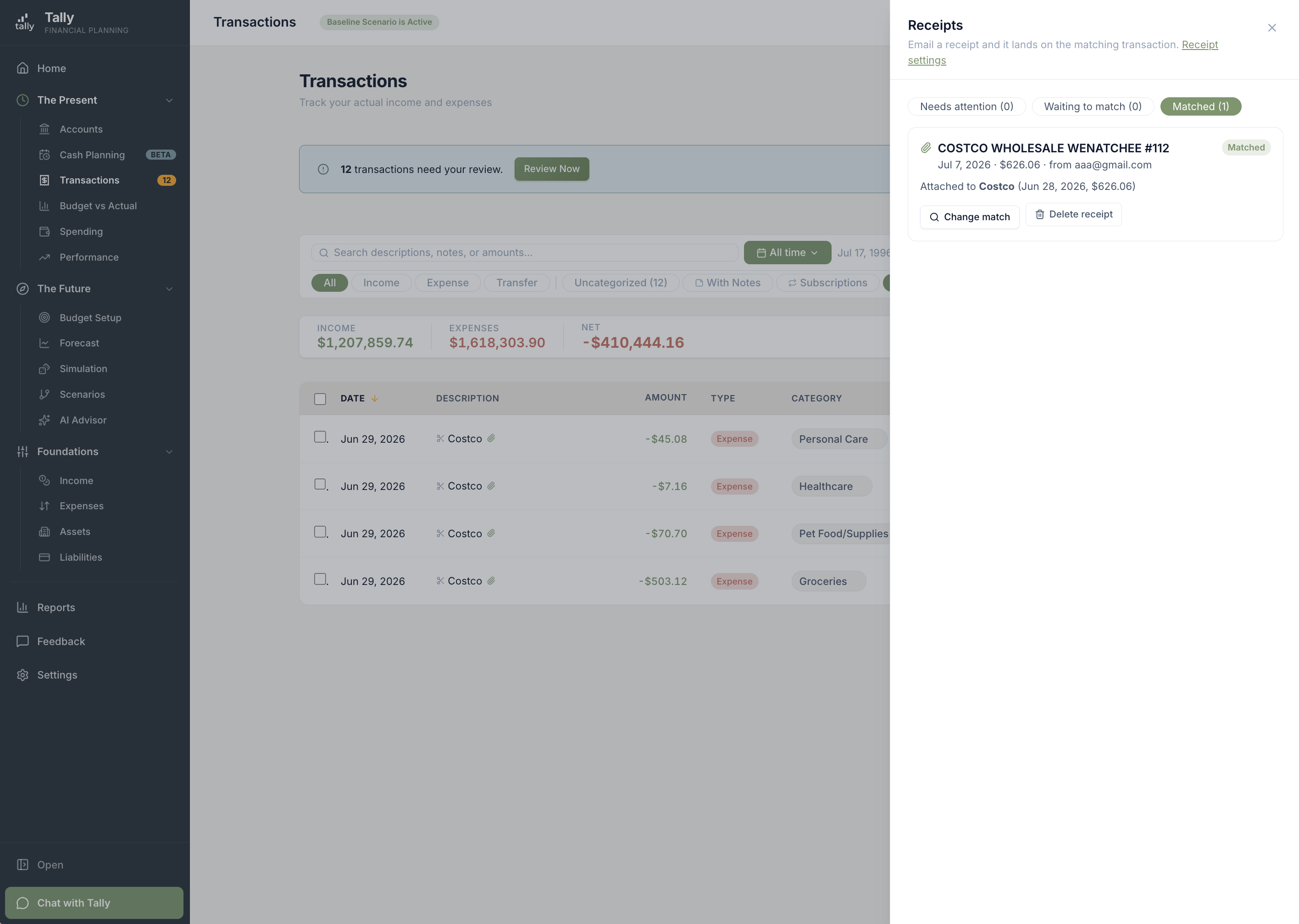 Tally's Receipts inbox open beside the Transactions page, showing a matched receipt and the single charge it came from split across Groceries, Healthcare, Pet Food and Personal Care