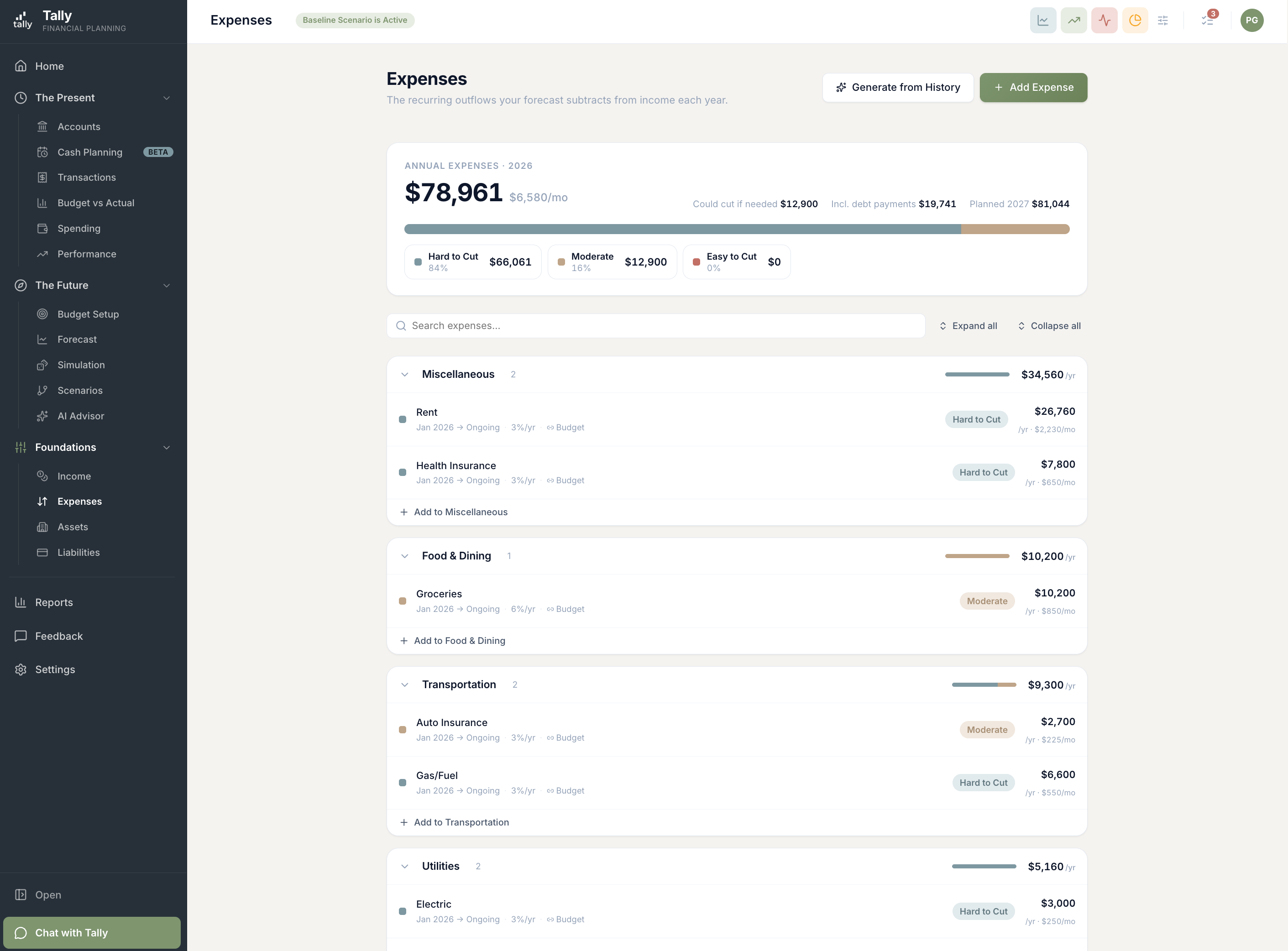 Tally's Expenses page with a mix bar at the top splitting spending into Hard to Cut, Moderate, and Easy to Cut, above a searchable list of expenses grouped by category