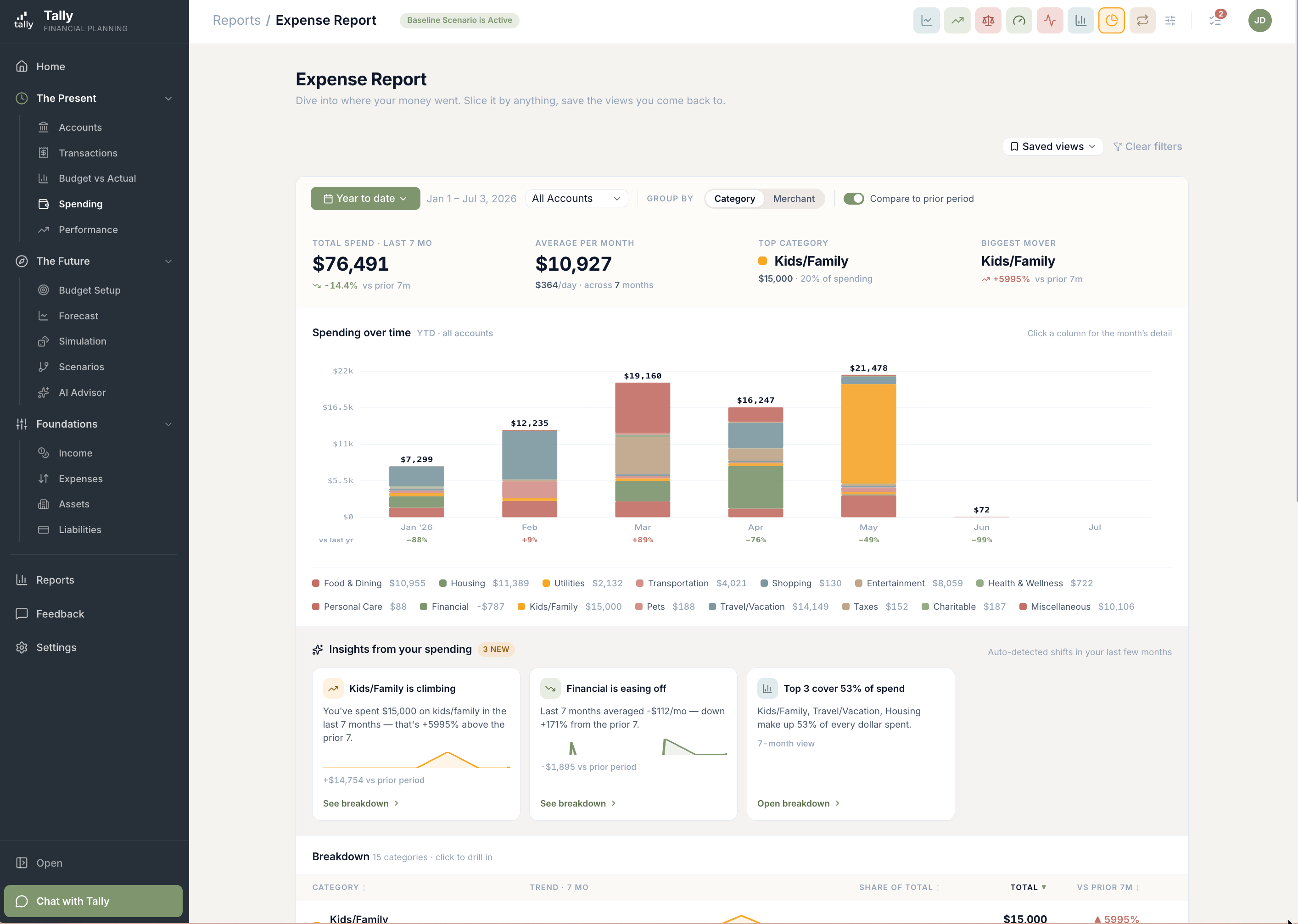 Tally's Expense Report with monthly spending columns, automatic insights, and saved views