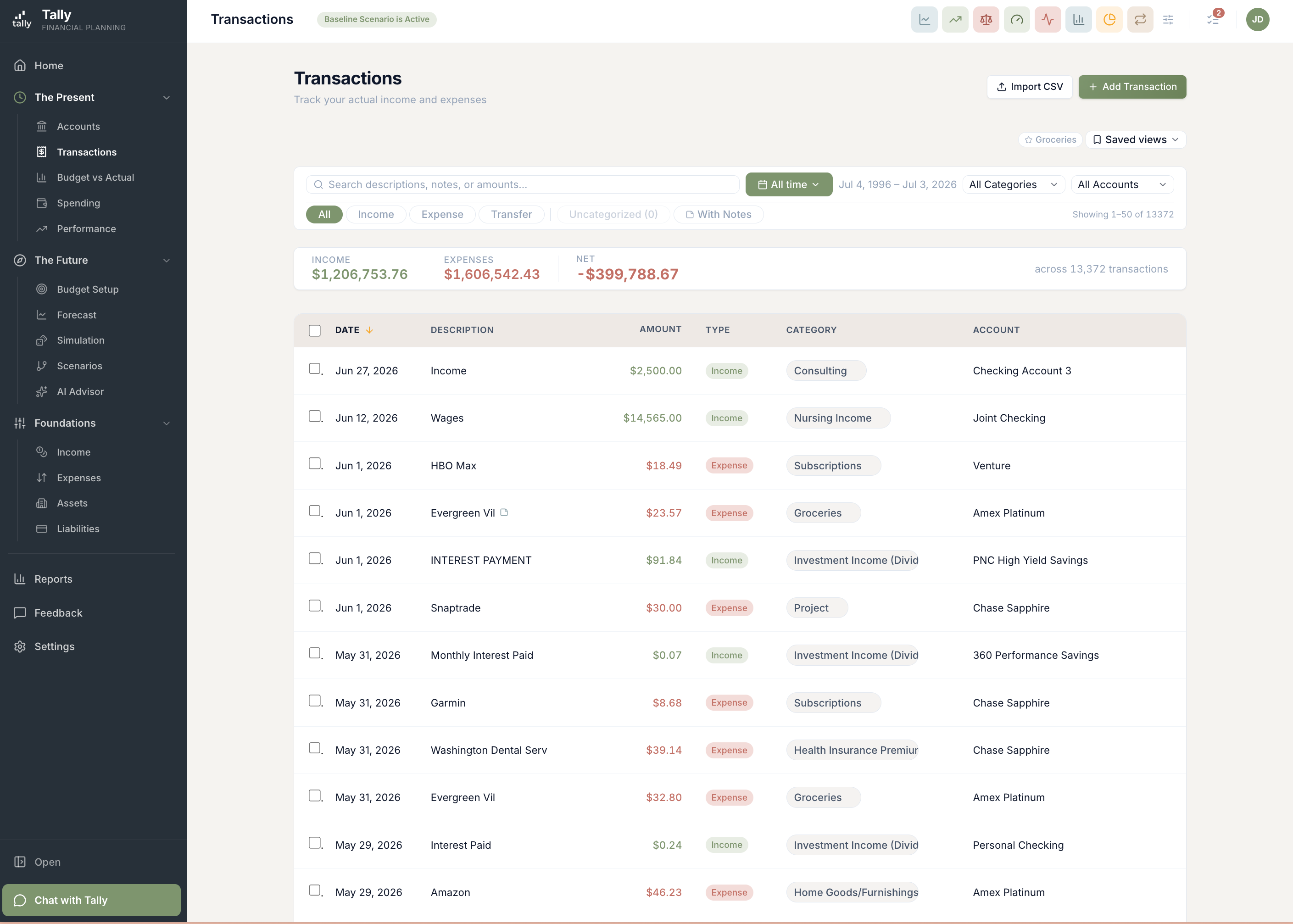 Tally's Transactions page with the Saved views control and a named view applied