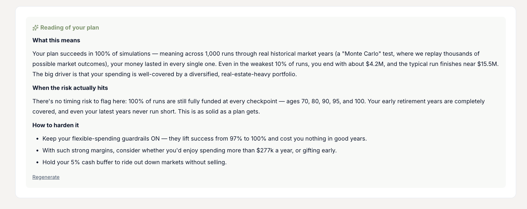 Tally's plain-English narrative explaining why the simulation odds land where they do and how to improve them