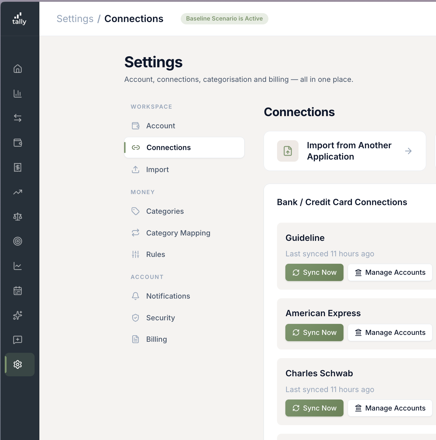 Tally's new dark sidebar and unified Settings page, with a left rail navigator and Connections panel