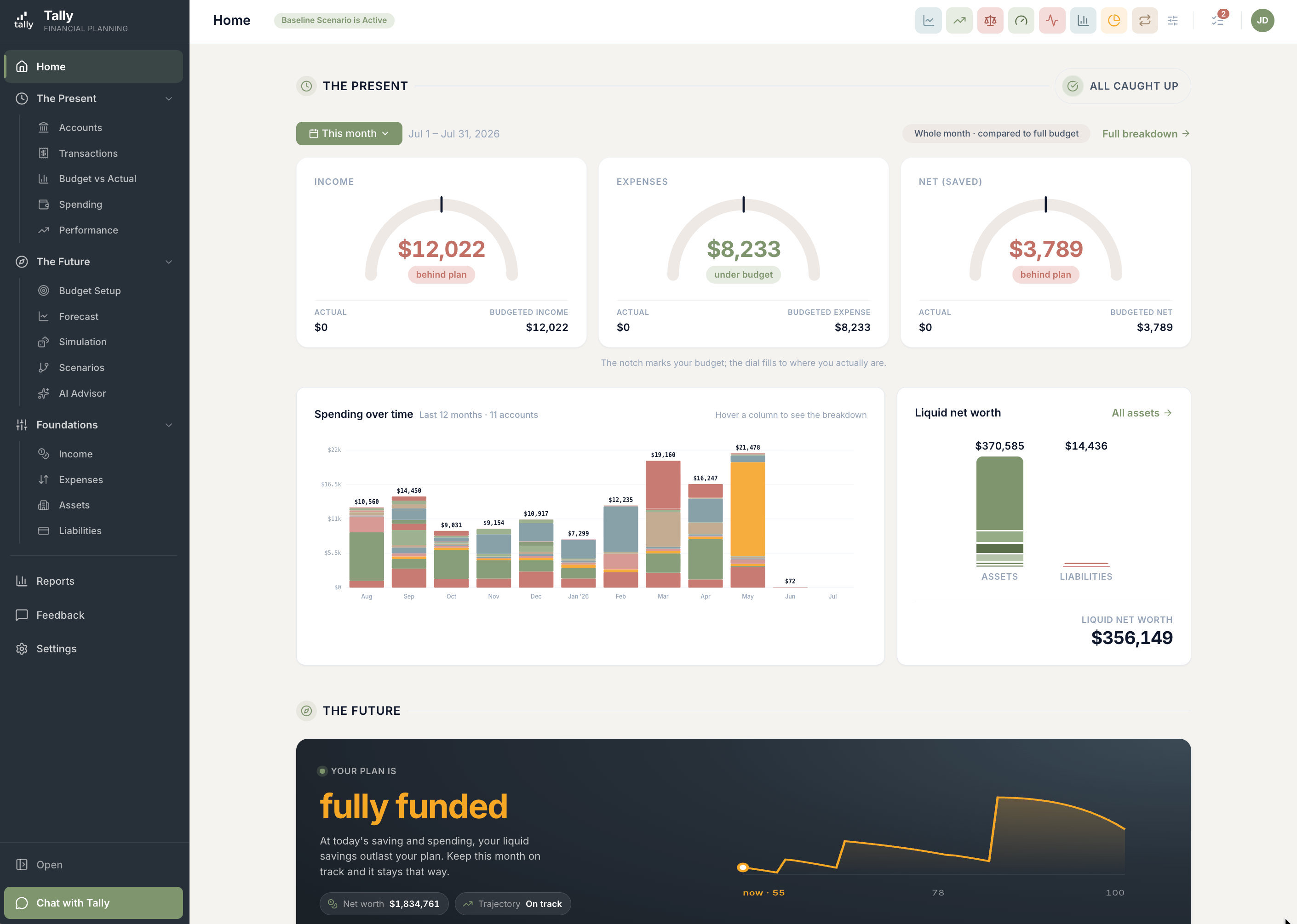 Tally dashboard — net worth, runway, spending, and budget at a glance